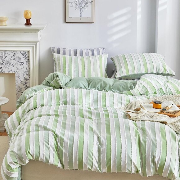 Other - WARMDERN White and Green Boho Duvet Cover King Size, Striped Tufted Duvet Cover